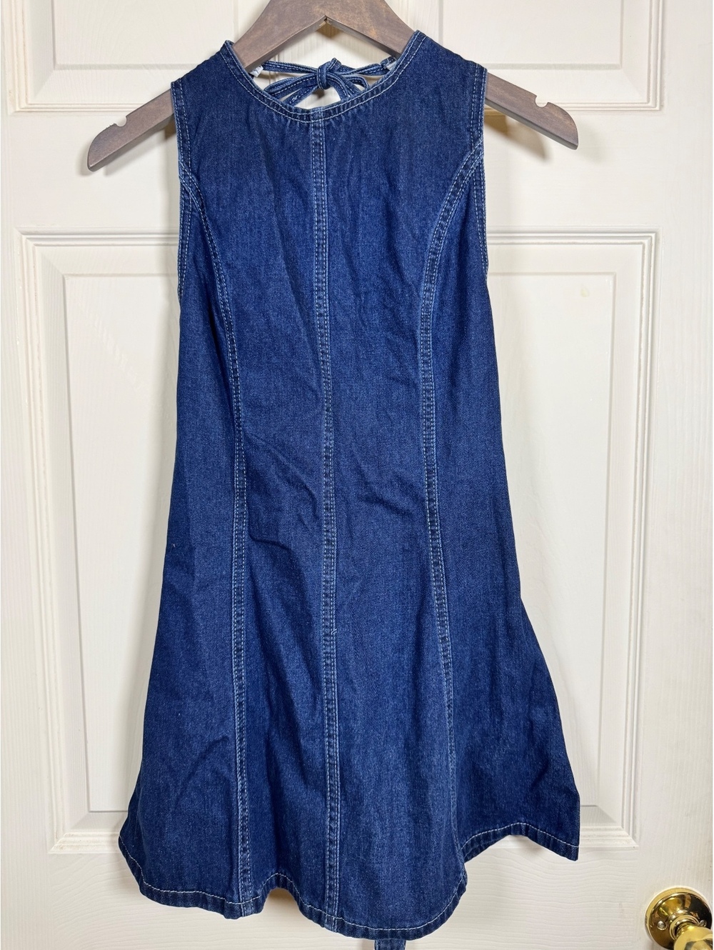 Sleeveless Denim Dress with Back Tie and Zipper Detail